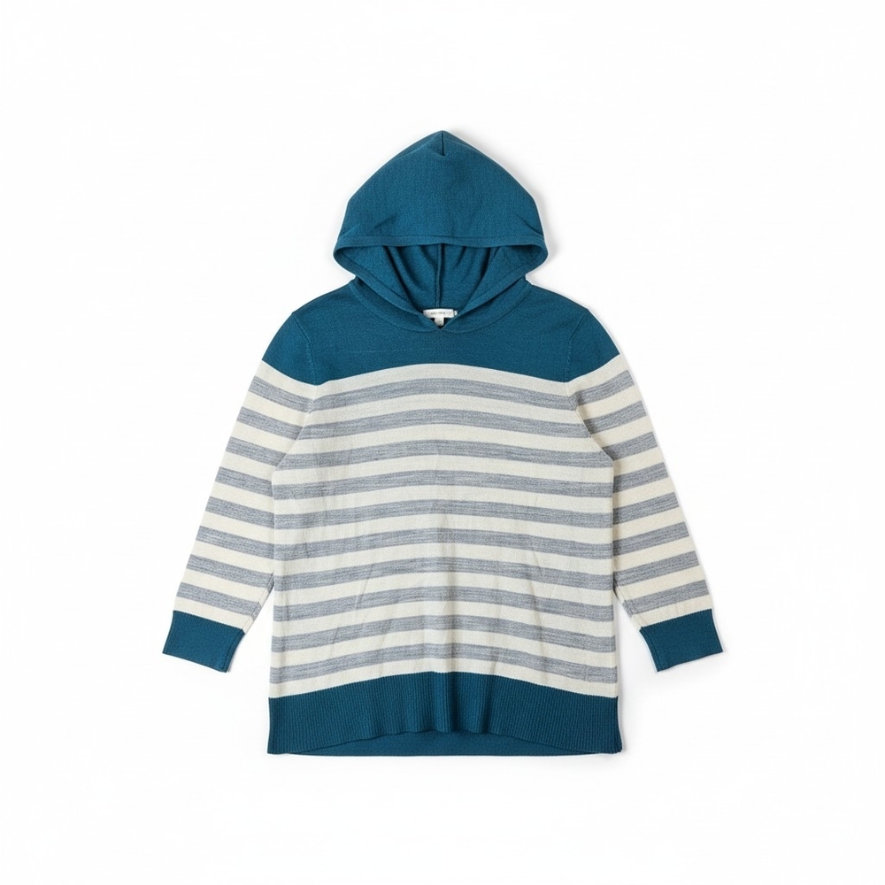 Calvin Klein Jeans Hooded Sweater Womens Medium Blue Gray Striped Merino Wool